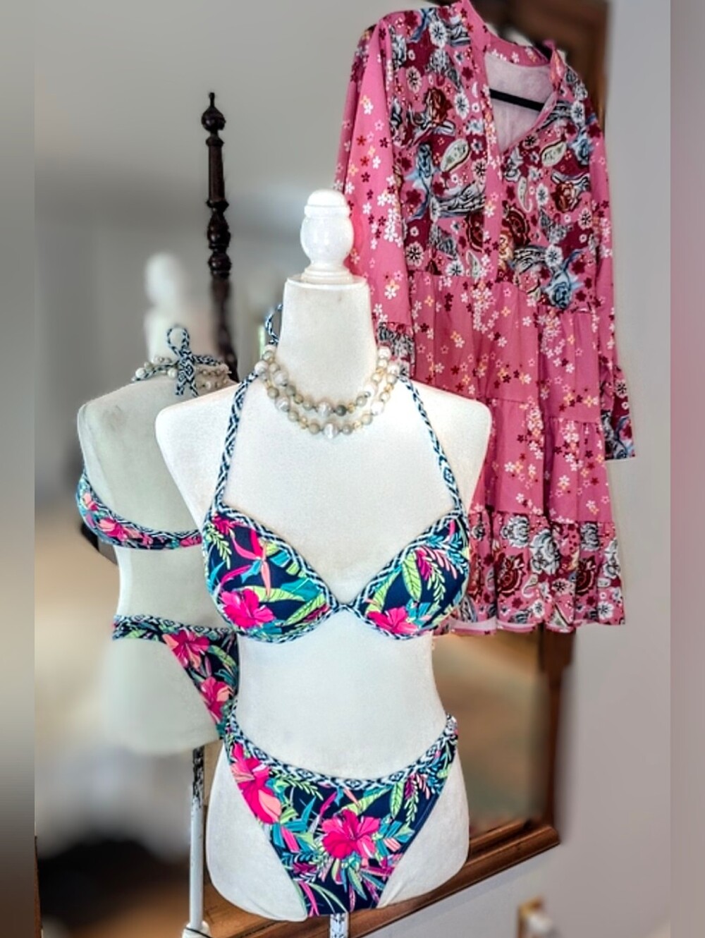Tropical Floral Bikini Coverup Set in Navy & Pink